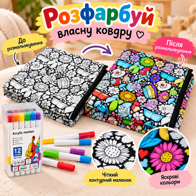 Детский плед-раскраска с набором 12 цветных маркеров, 150 × 125 см, черно-белый - изображение 3