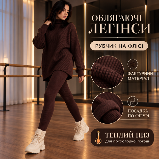 Жіночий теплий костюм 42–44 шоколадний, кофта під горло з ангори + утеплені легінси в рубчик на флісі - зображення 3