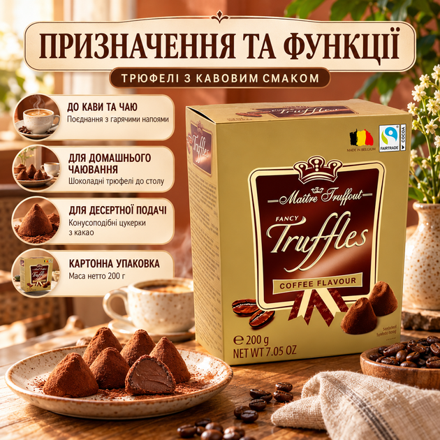 Шоколадные трюфели Maitre Truffout Fancy Truffles Coffee Flavour 200 г кофейные конфеты конусообразной формы с нежной начинкой покрытые какао-порошком - Фото 3 Шоколадные трюфели Maitre Truffout Fancy Truffles Coffee Flavour 200 г кофейные конфеты конусообразной формы с нежной начинкой покрытые какао-порошком - изображение 3