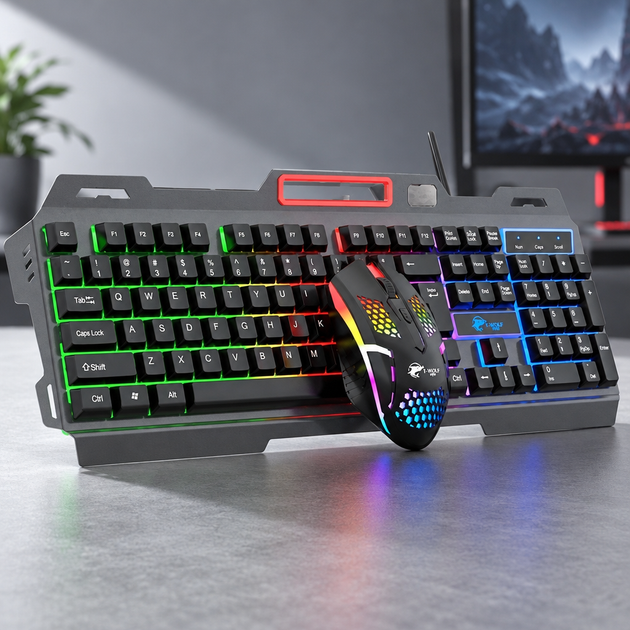 Ігровий набір T750 з дротовою USB клавіатурою та мишкою, RGB підсвічування, підставка для мультимедійних клавіш, чорний - зображення 5
