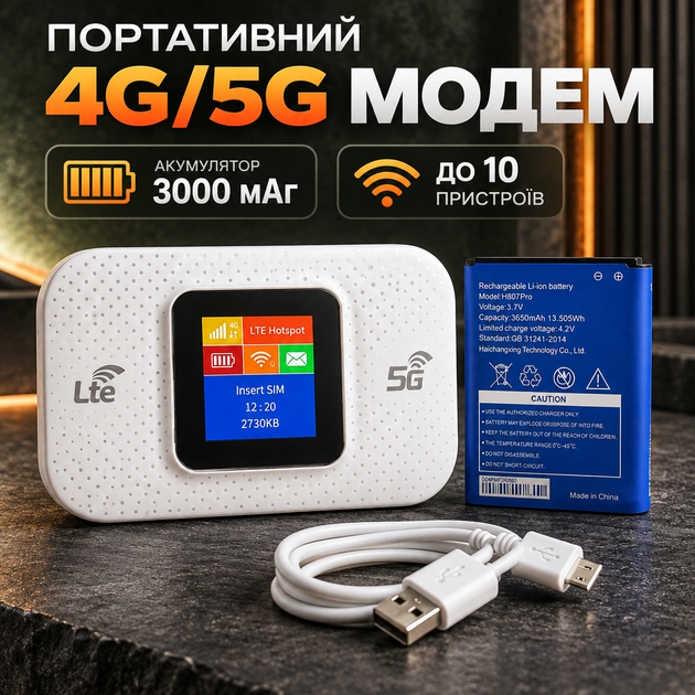 Мобильный 4G/5G модем с аккумулятором 3000 мАч и экраном для подключения до 10 устройств - Фото 1 Мобильный 4G/5G модем с аккумулятором 3000 мАч и экраном для подключения до 10 устройств - изображение 1