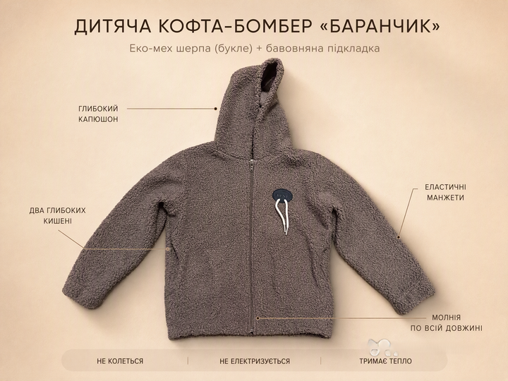Детская тёплая кофта-бомбер из шерпы (эко-мех тедди) с капюшоном, шоколадная, размер 140 - Фото 2 Детская тёплая кофта-бомбер из шерпы (эко-мех тедди) с капюшоном, шоколадная, размер 140 - изображение 2