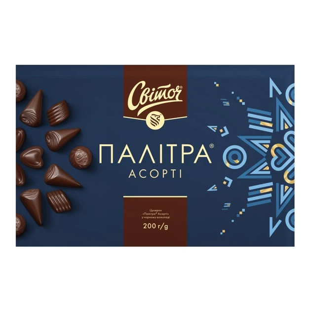 Цукерки Світоч Палітра Асорті у чорному шоколаді в коробці 200 г (4823000919471) - Фото 1 Цукерки Світоч Палітра Асорті у чорному шоколаді в коробці 200 г (4823000919471) - зображення 1