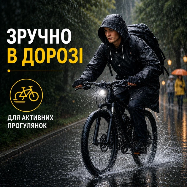 Плащ-дождевик взрослый универсальный с капюшоном плотный 0.2 мм многоразовый EVA черный - Фото 6 Плащ-дождевик взрослый универсальный с капюшоном плотный 0.2 мм многоразовый EVA черный - изображение 6