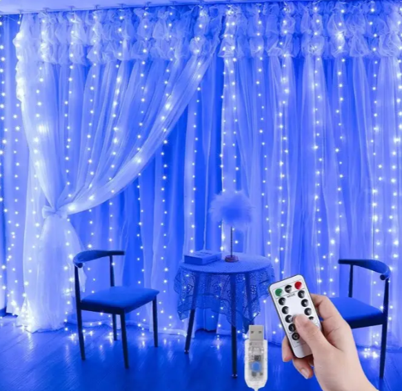 LED гирлянда штора для дома 3х3 м Гирлянда на окно 300 LED от USB Синий Гирлянда штора водопад - изображение 2