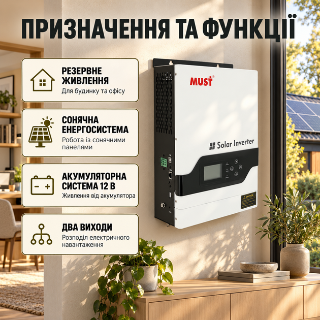 Гібридний інвертор MUST PV18-2012ECO 2000 Вт 12 В для сонячних панелей з MPPT контролером 80 А чистою синусоїдою двома виходами та зарядкою акумуляторів - зображення 3