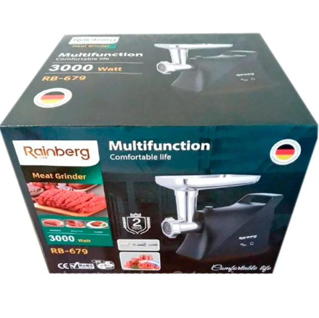 Электромясорубка 2в1 Rainberg RB-679 + соковыжималка 3 насадки (3mm, 5mm, 7mm) с реверсом 3000W Black - изображение 4