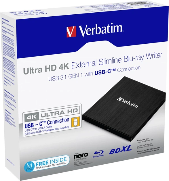 Napęd optyczny Verbatim Ultra HD 4K External Slimline Blu-ray Writer USB 3.2 Gen1 Type-C Black (43888) - obraz 4