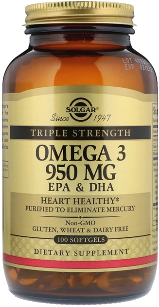 Suplement diety Solgar Omega-3 EPA, DHA Triple Strength 950 mg 100 kapsułek (0033984020580) - obraz 3