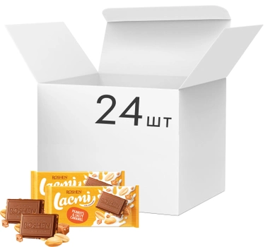 Упаковка шоколаду Roshen Lacmi Молочний з арахісом і шматочками солоної карамелі 90 г х 24 шт. (4823077629310)