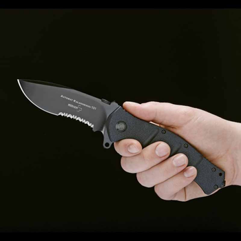 Нож складной Boker Plus AK-101 полусеррейтор (длина: 250мм, лезвие: 100мм, черное), черный
