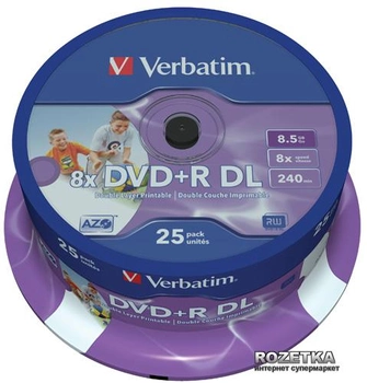 Verbatim DVD+R 8,5 GB DL 8x Printable Cake 25 шт (43667)