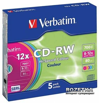 Verbatim CD-RW 700 MB 12x Slim 5 шт Color (43167)