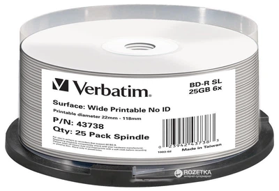 Verbatim BD-R SL 25 GB 6x Cake 25 шт Wide Print (43738)