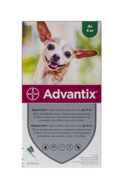 Краплі Elanco (Bayer) Advantix (Адвантікс) від заражень екто паразитами для собак до 4 кг 4 піпетки (85910388/86491451)