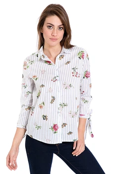 Жіноча сорочка LC Waikiki в синю смужку і з квітковим принтом 3XL Біла (LCW Woman -1618)