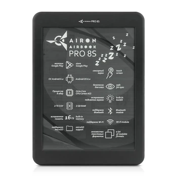 Электронная книга AirOn AirBook Pro 8S Black; 7.8" (1872x1404) E Ink Carta, сенсорный с подсветкой, 300 dpi, ОЗУ 2 ГБ, 16 ГБ встроенная, Wi-Fi, Bluetooth, 3100 мАч, 196 х 145 х 7 мм, 242 г, черный