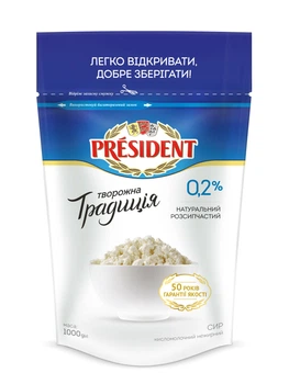 Сир кисломолочний ПРЕЗИДЕНТ 0,2% Творожна Традиція 1кг