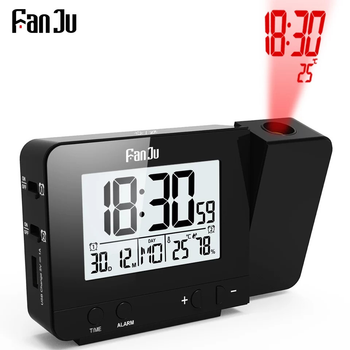 Цифровые часы FanJu FJ3531 с проекцией, термометром, гигрометром и портом USB для зарядки ваших устройств. Черный