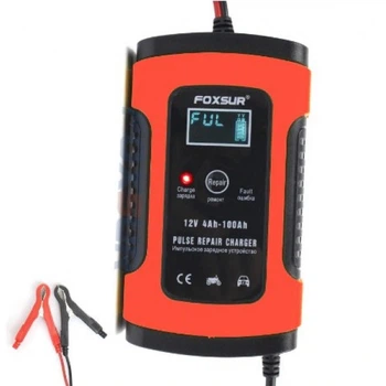 Зарядное устройство для автомобиля и мотоцикла FOXSUR 12V 5A импульсное зарядное устройство с ЖК-дисплеем Красный