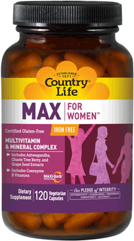 Витаминно-минеральный комплекс Country Life Max for Women для женщин без железа 120 желатиновых капсул (015794081241)