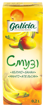 Упаковка соку Galicia з м'якоттю із суміші фруктів Смузі яблуко, банан, манго й апельсин TBA 0.2 л х 27 шт. (4820209562897)