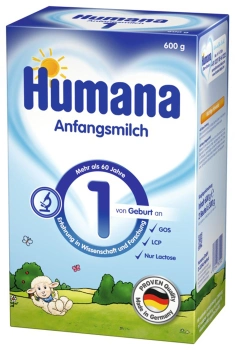 Суха молочна суміш Humana 1 з пребіотиками галактоолигосахаридами, 0-6 місяців, 600 г (4031244782502)