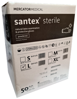 Стерильні рукавички Santex sterile Медичні опудренниє Розмір L 100 шт Білі