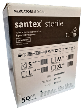 Стерильні рукавички Santex sterile Латексні опудренниє Розмір S 100 шт Білі