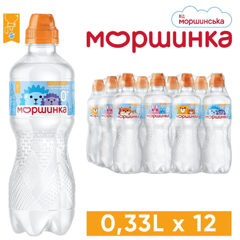 Упаковка мінеральної питної негазованої дитячої води "МОРШИНКА" Спорт 0,33 л х 12 пляшок