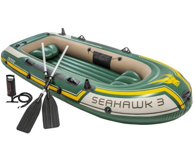 Трехместная надувная гребная лодка пвх (295х137х43) Intex 68380 Seahawk 3 Set 360 кг с веслами и насосом держателями для удочек