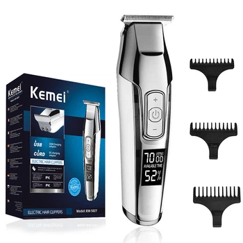 Профессиональный триммер Kemei KM-5027 для стрижки волос и бороды окантовочная машинка на 4 скорости и 3 насадки 5 Вт Серебристый
