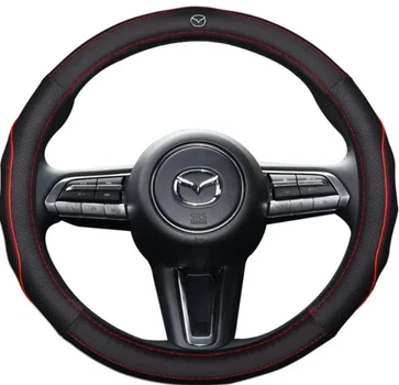 Чохол на кермо оплетка DLCar для автомобіля Mazda натуральна шкіра чорна з червоною строчкою