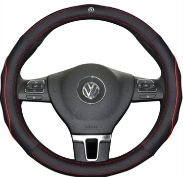 Чохол на кермо DLCar оплетка для автомобіля Volkswagen натуральна шкіра чорна з червоною строчкою