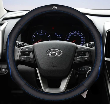 Чохол на кермо DLCar оплетка для автомобіля Hyundai натуральна шкіра чорна з синьою прошивкою