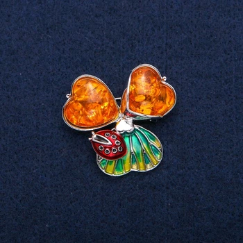 Брошь-кулон «божья коровка» с кабошонами янтаря (искусственный), эмаль, серебристый металл 35×37 мм, ida62871