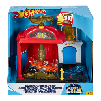 Hot Wheels City Downtown Fire Station Spinout Playset Car FMY96