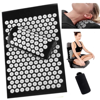 Масажний голковий килимок Чорний Акупунктурний масажер голкоаплікатор з подушкою для спини ніг
