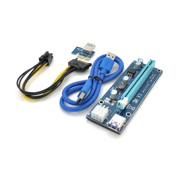 Riser PCI-EX, x1=>x16, 6-pin, SATA=>6Pin, USB 3.0 AM-AM 0,6 м (синий), конденсаторы FP5K, Пакет