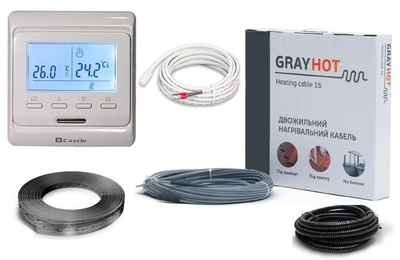 Тепла підлога нагрівальний двожильний кабель Gray Hot Heating 34м. 498Вт в комплекті з прогромованим терморегулятором та датчиком температури підлоги (VIT00754)