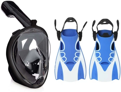 Набор для плавания 2 в 1 (маска FREE BREATH M2068G + ласты) Черная маска (размер S/M); Ласты синие (размер М)