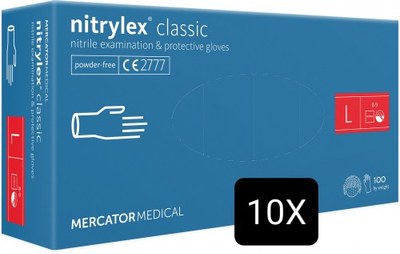 Рукавички Nitrylex classic медичні нестерильні нітрилові без пудри Розмір L 10 упаковок по 100шт (50 пар) Сині