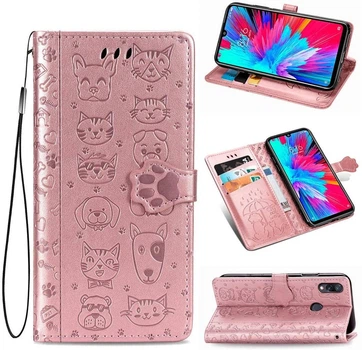 Чехол Embossed Cat and Dog для Xiaomi Redmi Note 7 / Note 7 Pro книжка кожа PU Rose-Gold