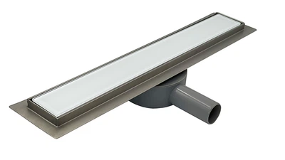 Линейный трап из нержавейки с поворотным сифоном DESIRE Bianco 900 мм, белое стекло