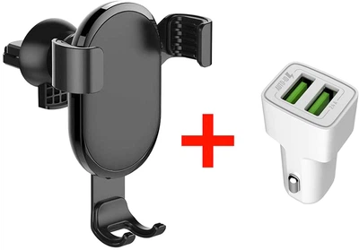 Автодержатель для телефона ColorWay Metallic Gravity Holder Black + Автомобильное ЗУ 2USB AUTO ID 2.4A (12W) White (CW-CHG01-BK/CHA009-W)