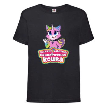 Футболка детская Радужная Кошка 005 (Rainbow Cat) черная (RNC blc 005) 164 см