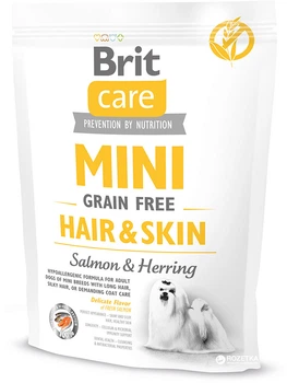 Сухой корм для взрослых собак миниатюрных пород Brit Care Mini Grain Free Hair & Skin 400 г (8595602520237)