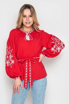 Вышиванка Narodnyy Butik Женская вышиванка штапель красный белая вышивка пояс 52 Красная 1047.1