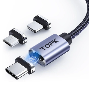 Магнитный кабель 3 in1 Micro /Type c /For iPhone 1 meters 2.4A Quick Charge 3.0 TOPK AM45 GREY