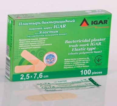Пластир бактерицидний IGAR тип Еластик на еластичній полімерній основі 2,5 x 7,6 см 100шт